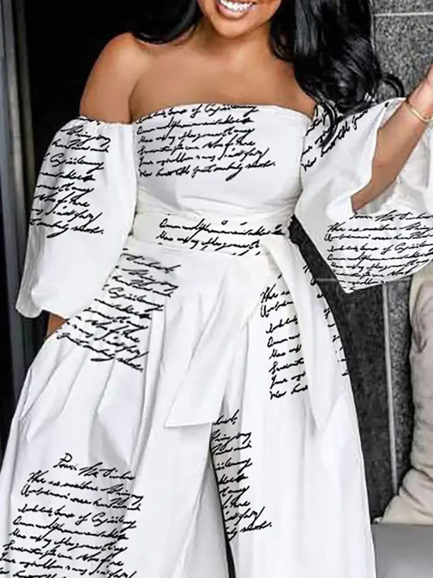 Off Shoulder Lantern Sleeve Wide Leg Jumpsuit