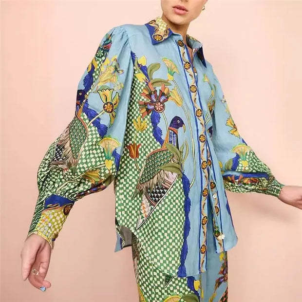 Fashionable Printed Long Sleeve Top and Long Pants Set