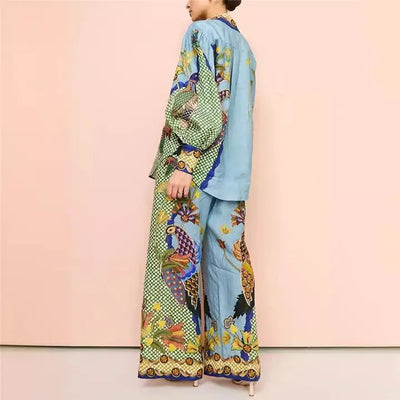 Fashionable Printed Long Sleeve Top and Long Pants Set