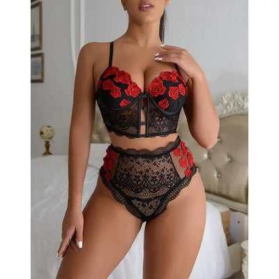 Black and Red Lace Cutout Embroidered Lingerie Set