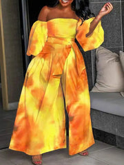 Off Shoulder Lantern Sleeve Wide Leg Jumpsuit