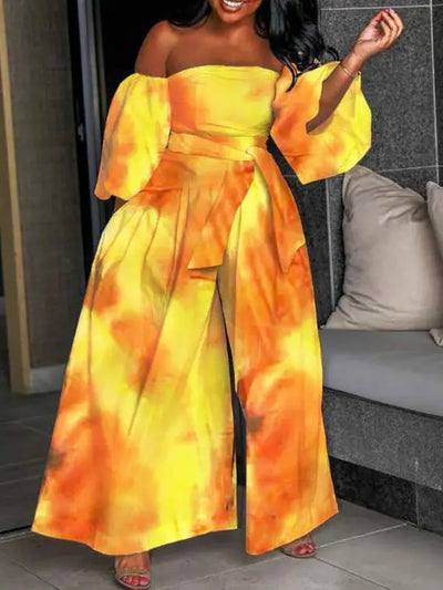 Off Shoulder Lantern Sleeve Wide Leg Jumpsuit