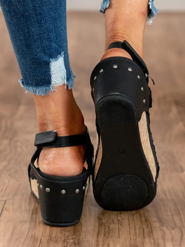 Vintage Leather Stitching Studded Wedge Sandals