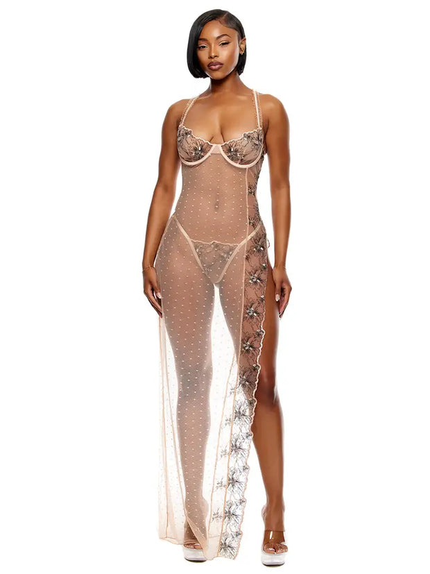 Just Peachy Embroidered Nightgown Lingerie Set - Peach