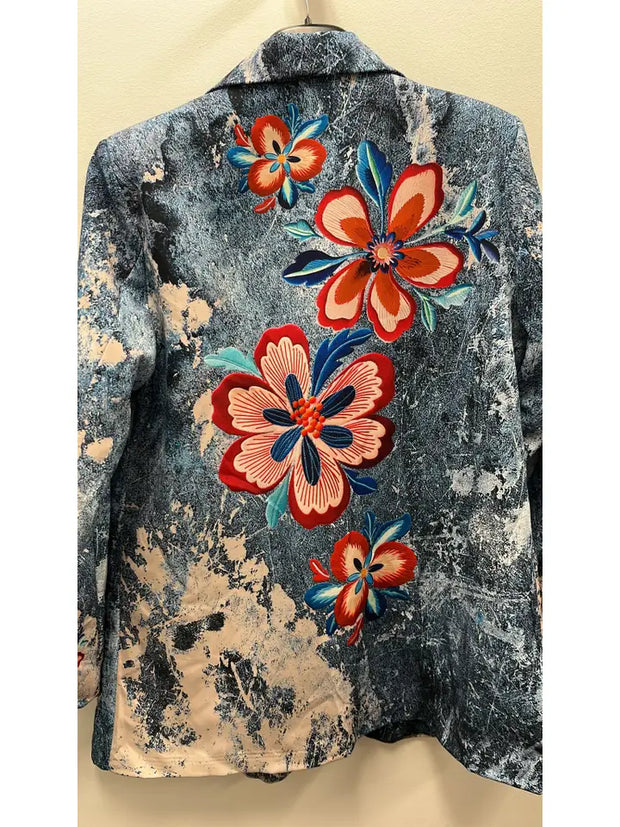 LBLA82 One Size Italian Denim Floral Print Blazer