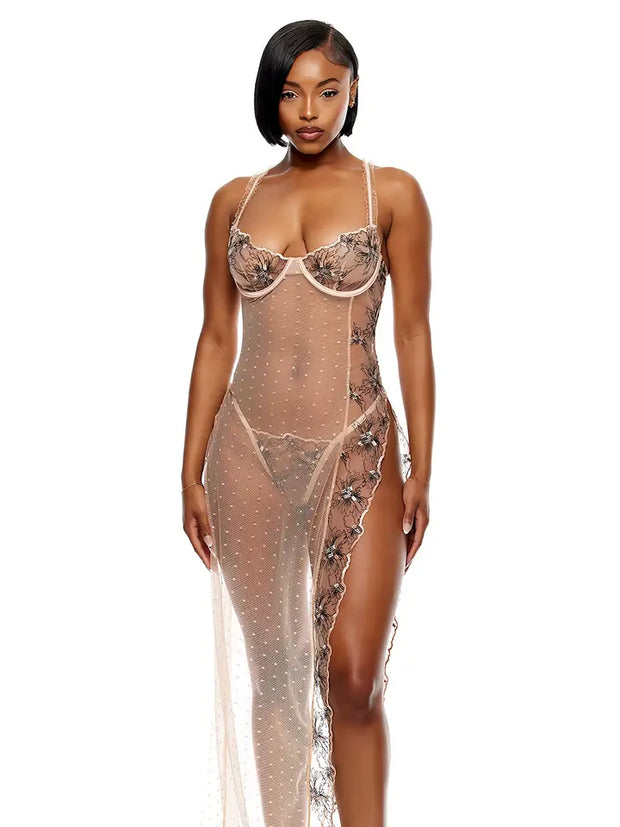 Just Peachy Embroidered Nightgown Lingerie Set - Peach