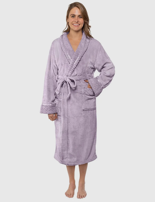 Women's Satin and Waffle Trim Flece Robe