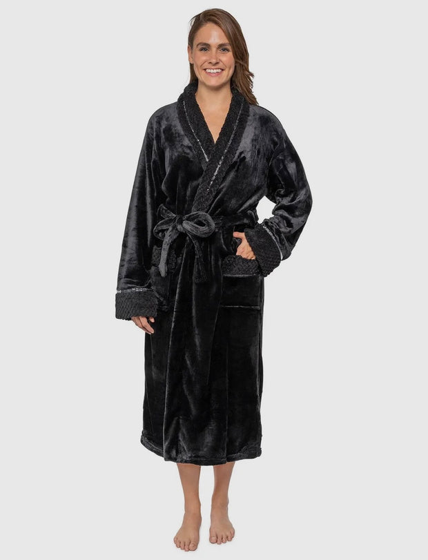 Women's Satin and Waffle Trim Flece Robe