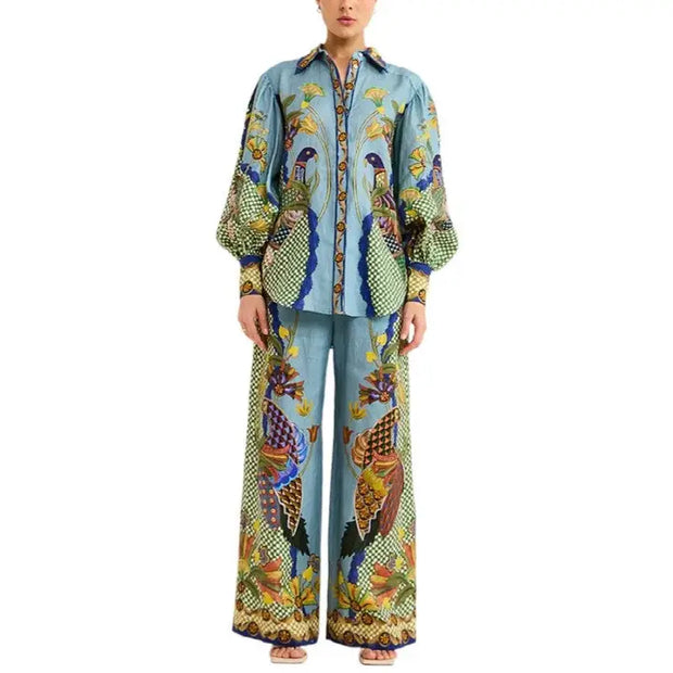 Fashionable Printed Long Sleeve Top and Long Pants Set