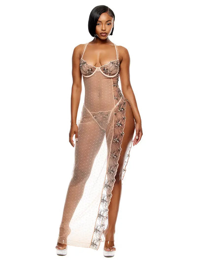 Just Peachy Embroidered Nightgown Lingerie Set - Peach