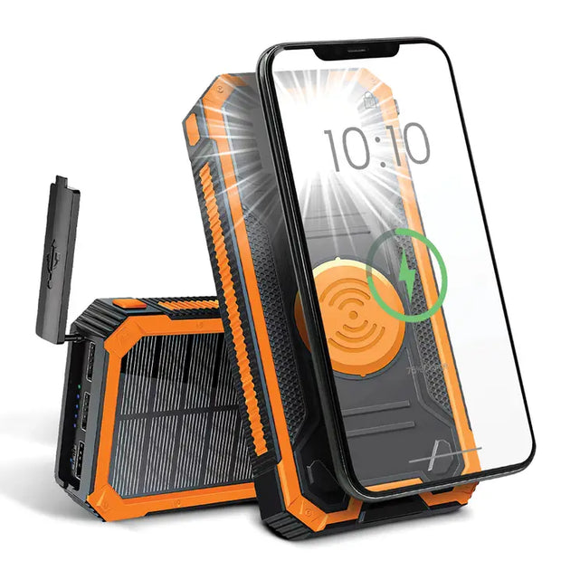 Orange - Solar Wireless Charging Power Bank w/ Flashlight