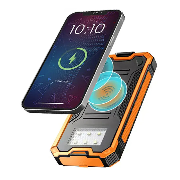 Orange - Solar Wireless Charging Power Bank w/ Flashlight