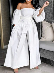 Off Shoulder Lantern Sleeve Wide Leg Jumpsuit