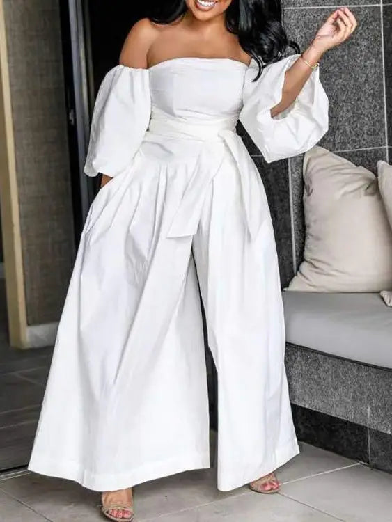 Off Shoulder Lantern Sleeve Wide Leg Jumpsuit