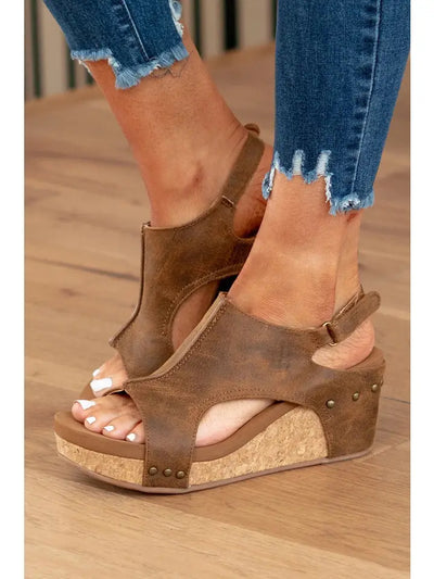 Vintage Leather Stitching Studded Wedge Sandals