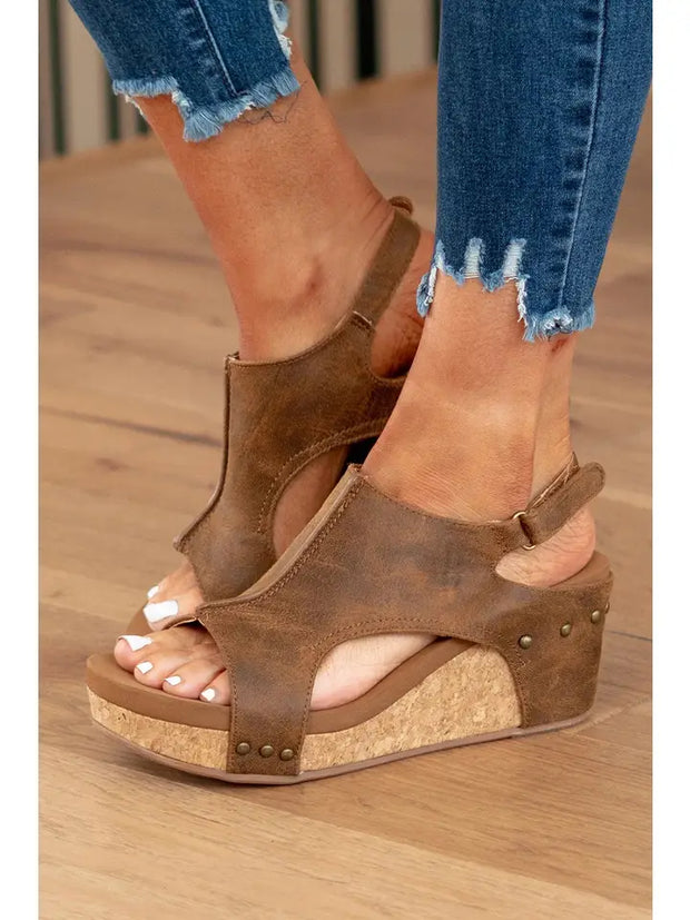 Vintage Leather Stitching Studded Wedge Sandals